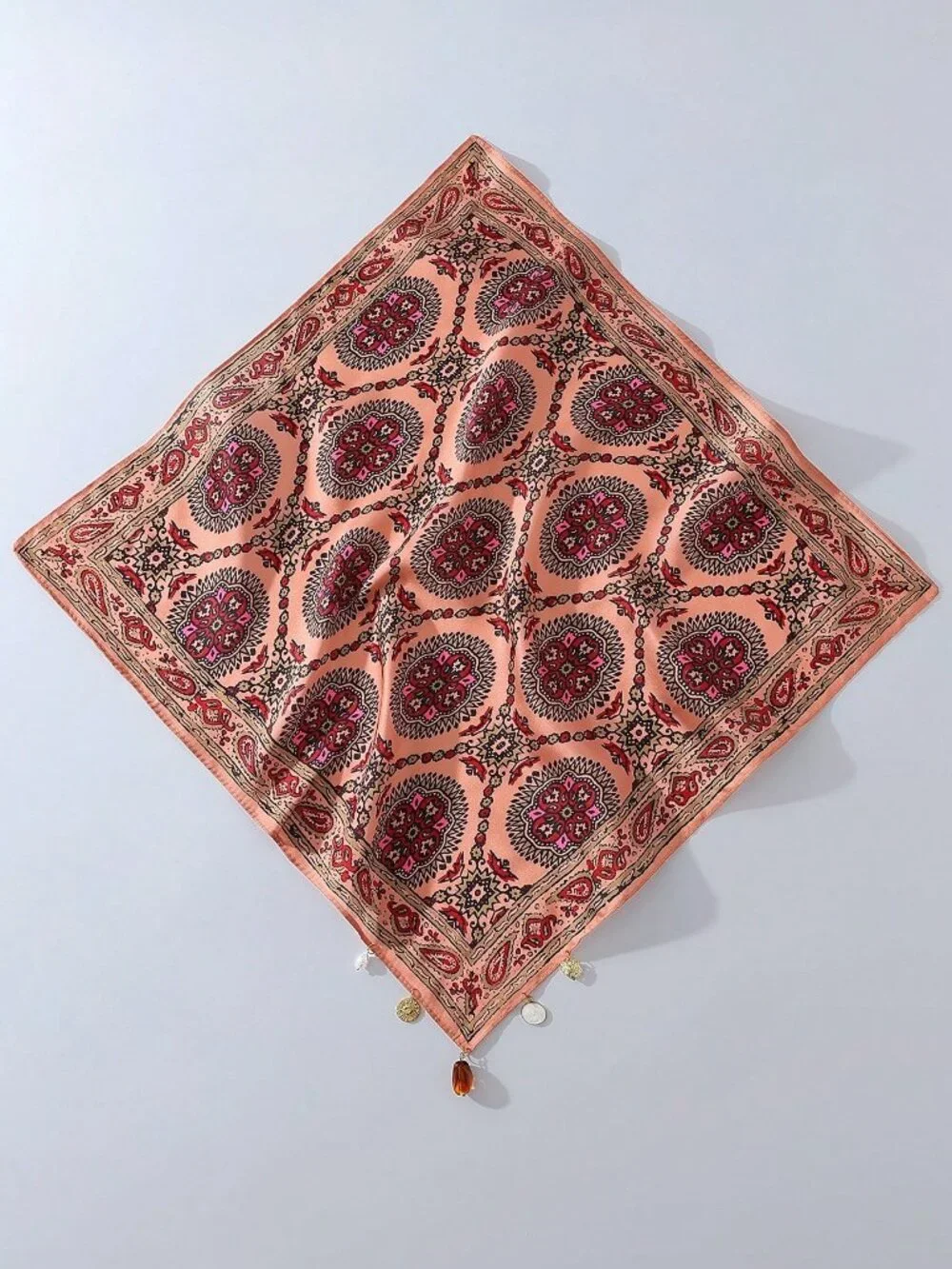 ✨ Peach Paisley Charm Bandana Head Scarf Pearl Heart Sun Boho Western